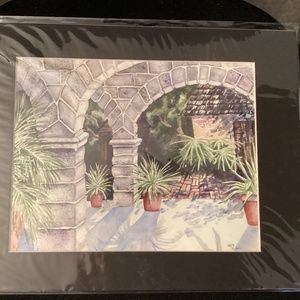 Watercolor of stone arch walkway